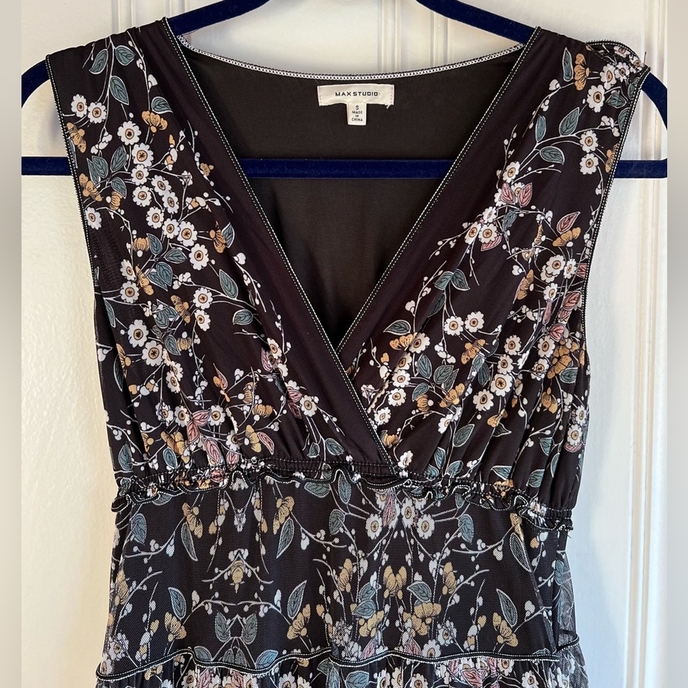 New Max Studio Black Floral Print Ruffle Sleeveless V-Neck Lace Mesh Dress